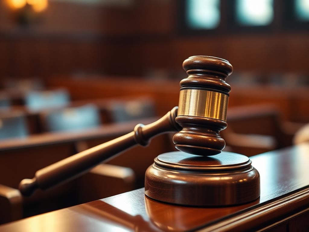 Wooden gavel resting on a sound block in a quiet courtroom