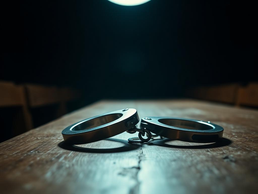 Police handcuffs on an interrogation table under a single overhead light