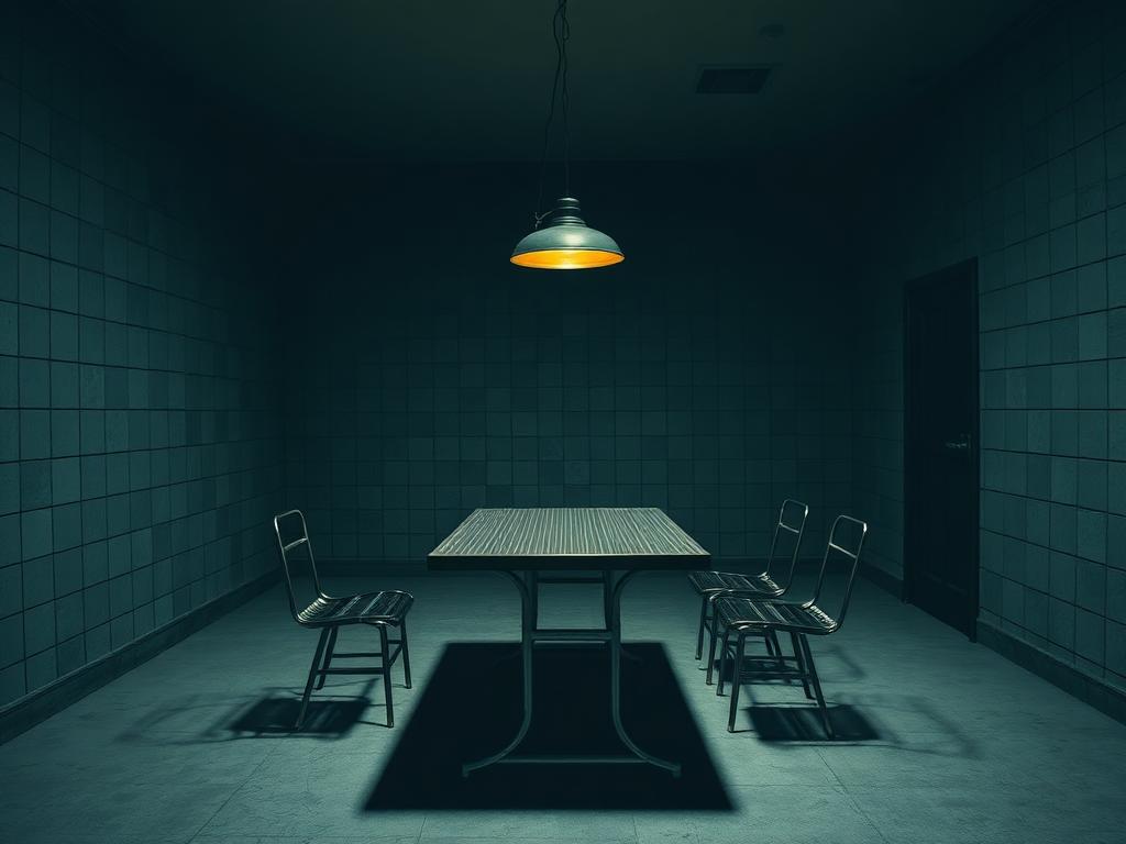 Empty interrogation room with a single hanging lamp