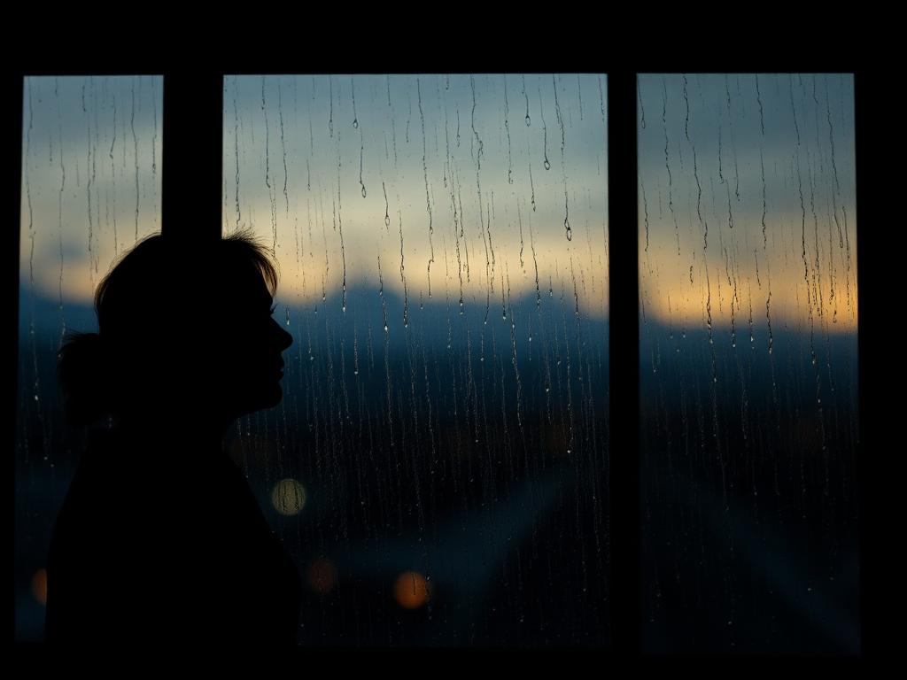 Silhouette at a rain-streaked window at dusk