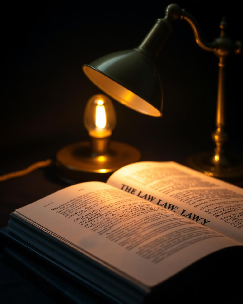 Open law book with constitutional text under warm desk light
