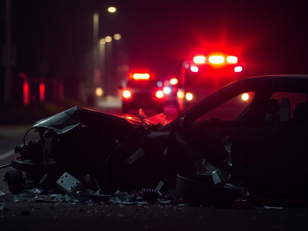 Car accident scene with emergency lights at night