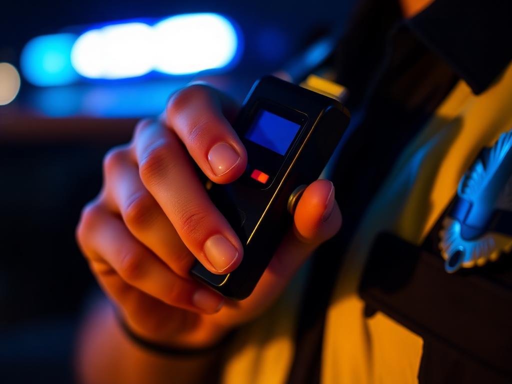 Officer holding a breathalyzer device under blue patrol light