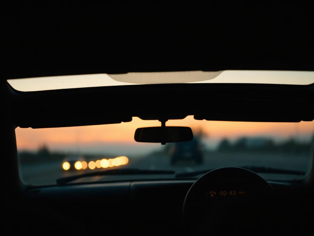 Empty driver's seat at dusk through windshield