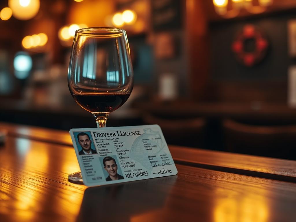 Driver's license and a wine glass on a wooden bar counter