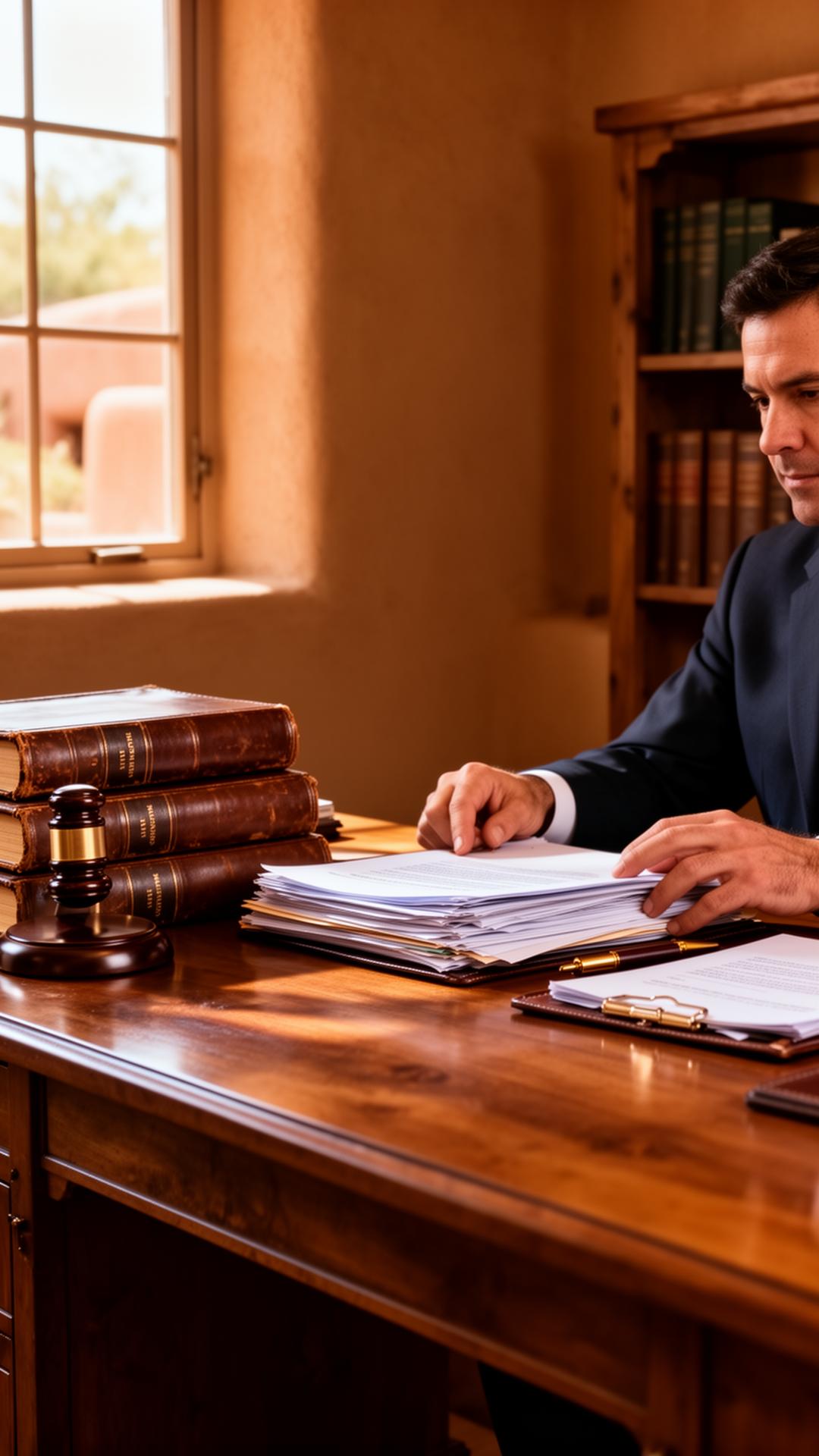 Attorney reviewing case files at a wooden desk in a Las Cruces law office