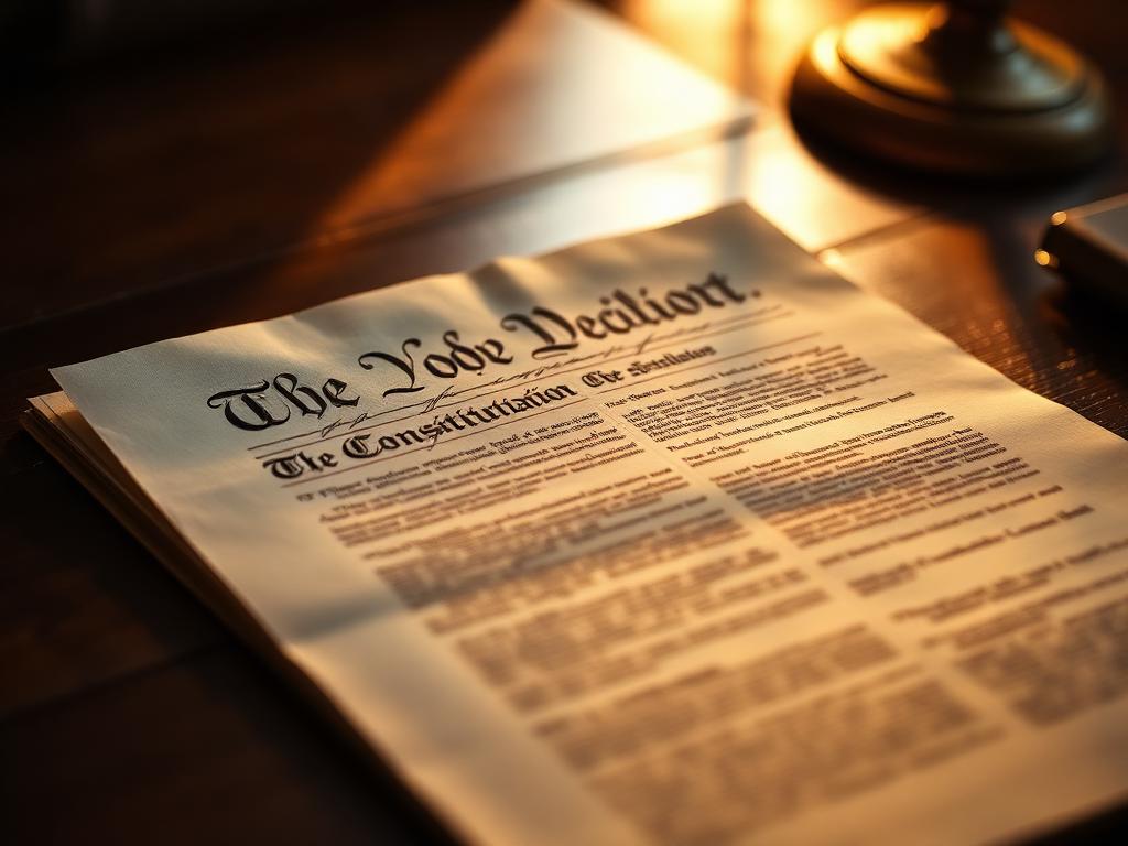 Open U.S. Constitution document on a wooden desk under warm light