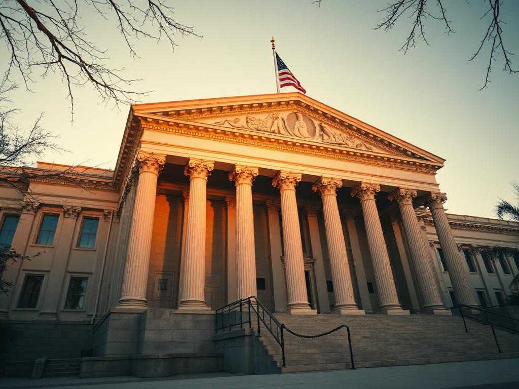 Federal courthouse with classical columns and an American flag at golden hour