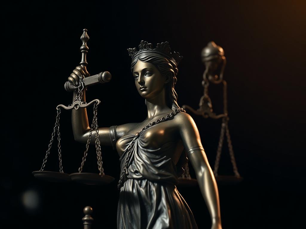 Bronze statue of Lady Justice holding scales and sword