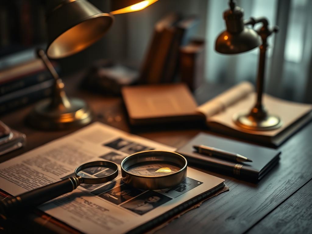 Investigator's desk with magnifying glass over case files and brass lamp