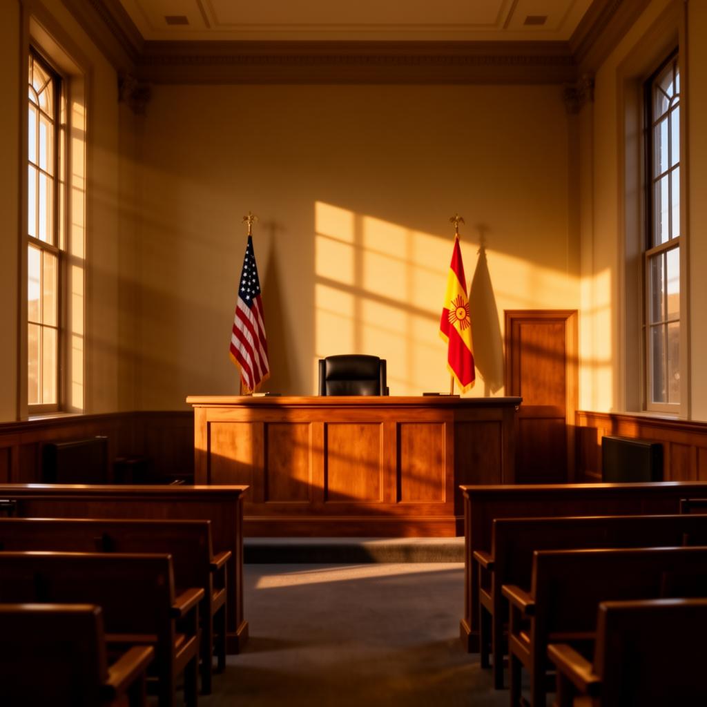 Empty New Mexico courtroom with American and state flags