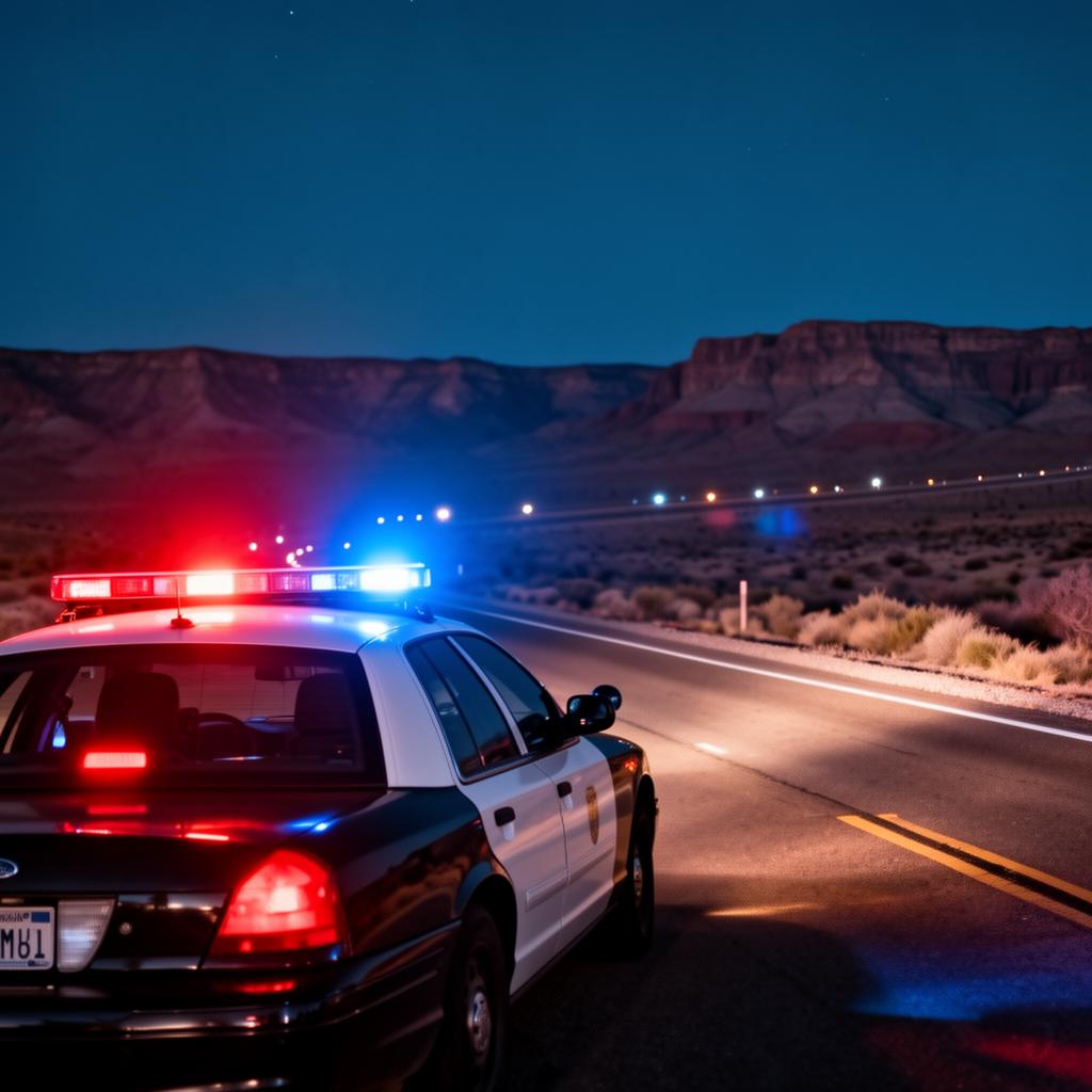 Police patrol lights on a New Mexico highway at night
