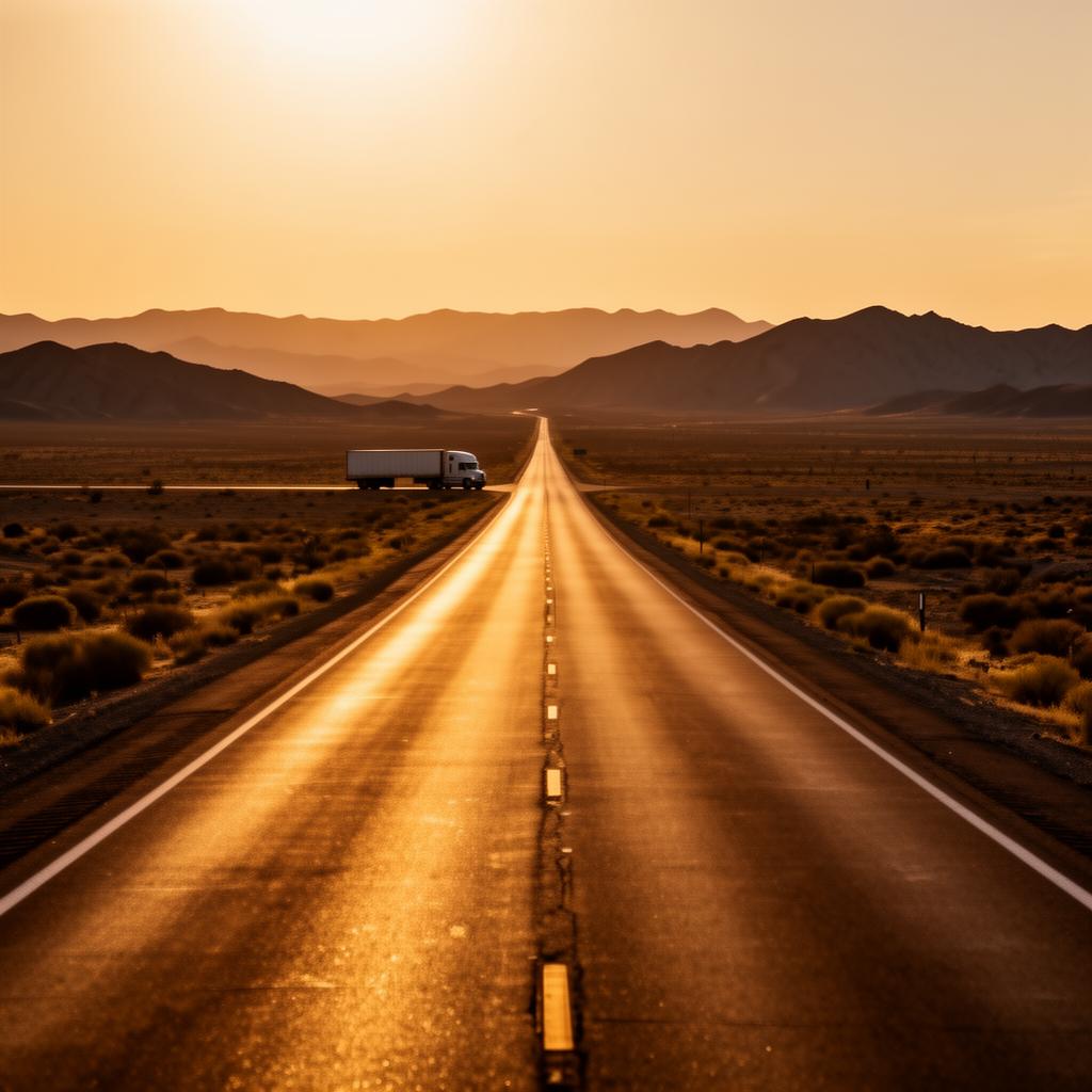 Open New Mexico desert highway at golden hour with a distant truck