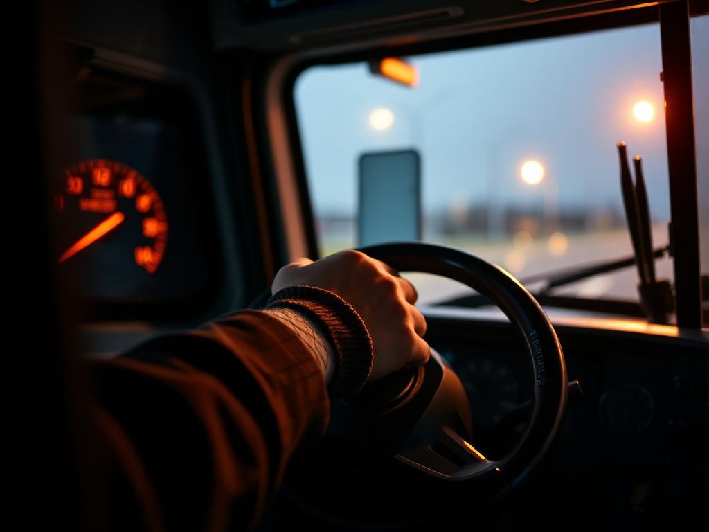 Commercial driver's hands on a large semi truck steering wheel