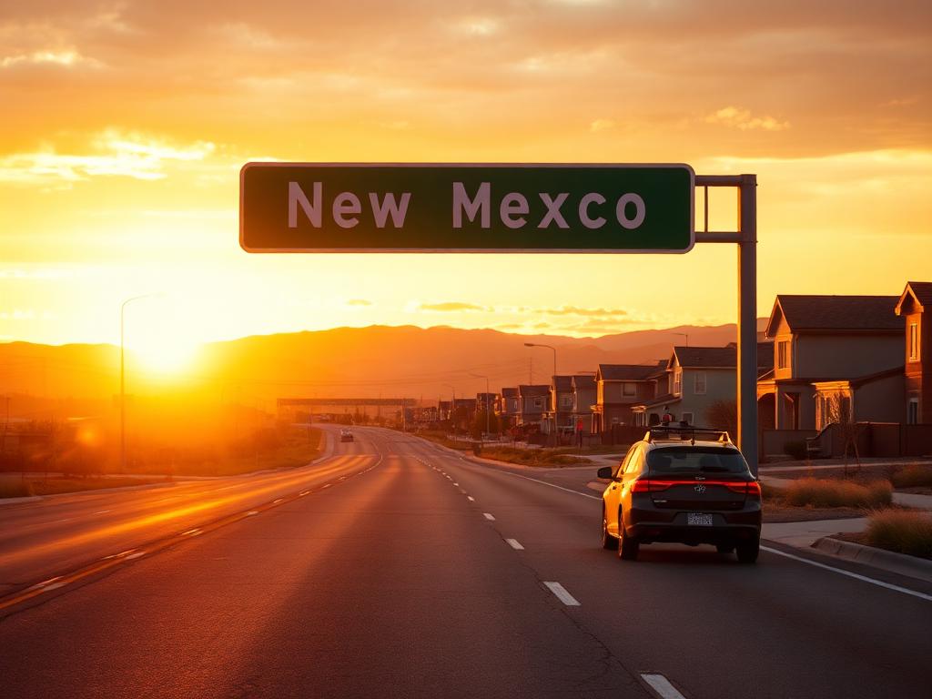 Residential New Mexico road at sunset with car driving away
