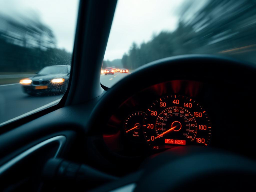 Car dashboard speedometer at speed with motion blur